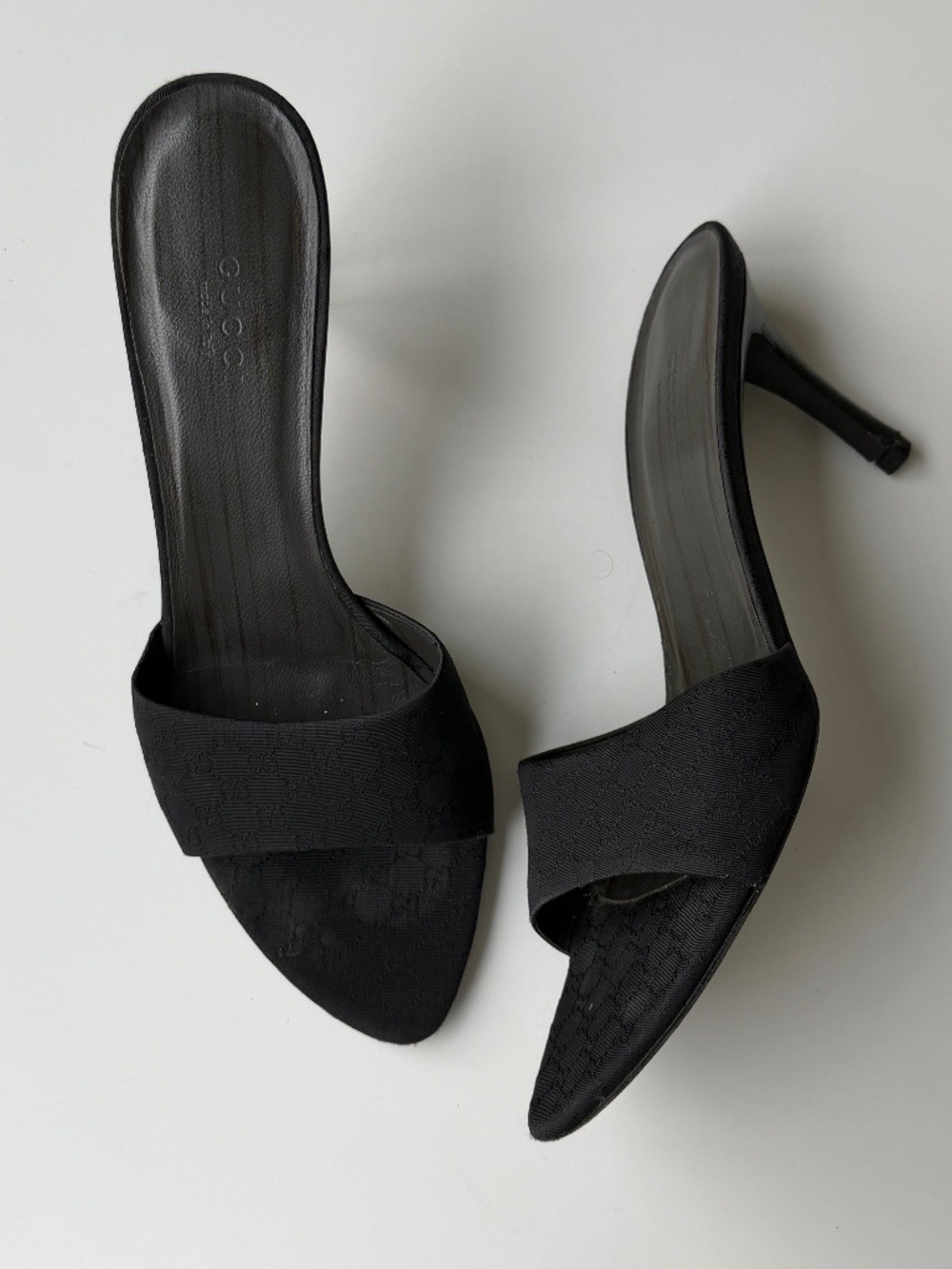 Vintage Gucci Tom Ford Era Black GG Monogram Satin Slide Heels, Size 8.5
